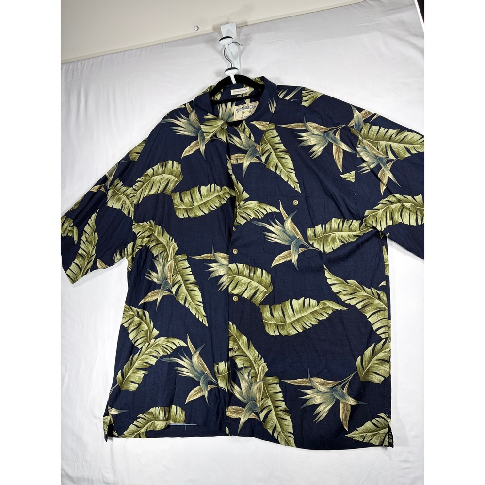 Bamboo Cay Shirt Mens XXL Navy Blue Excellent Tropical Leaf Rayon Button Down